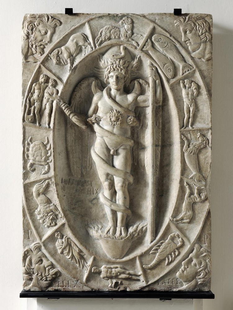 Relief avec Aion/Phanès dans le Zodiaque (ver. GE), Thomas indique : Représentation de Kronos / Incn., II, sculpture | Galerie Estense